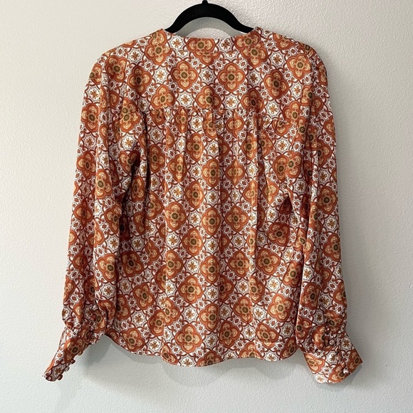 RYEGRASS - Long Sleeve Burnt Orange White Pattern Silky Blouse Size S - Picture 2 of 6
